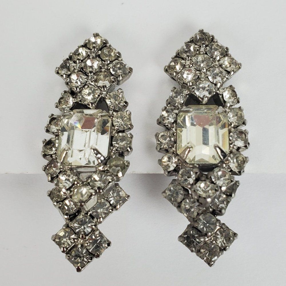 Vintage Clear Crystal Rhinestone Glass Statement Silver Tone Clip On Earrings - Picture 3 of 10